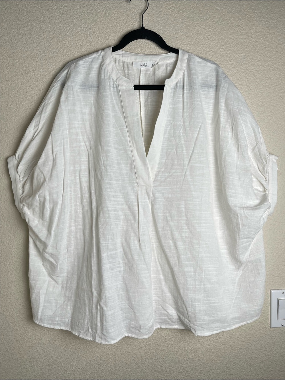 TALULAH White Oversized Short-Sleeve Split-Neck Tunic Blouse Small 100% Cotton